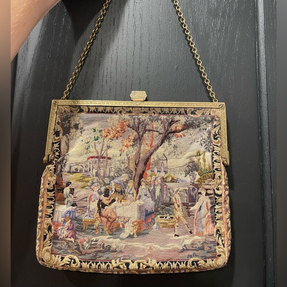 Antique Rare Handmade Victorian Petit Point Needlepoint Brass Purse Handbag